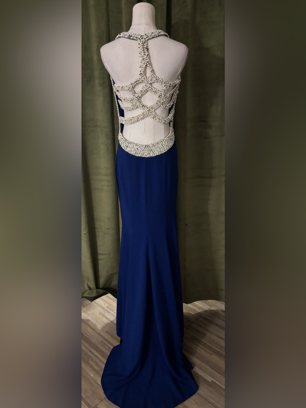 Tarik Ediz Royal Blue Beaded-Back Evening Gown, US4